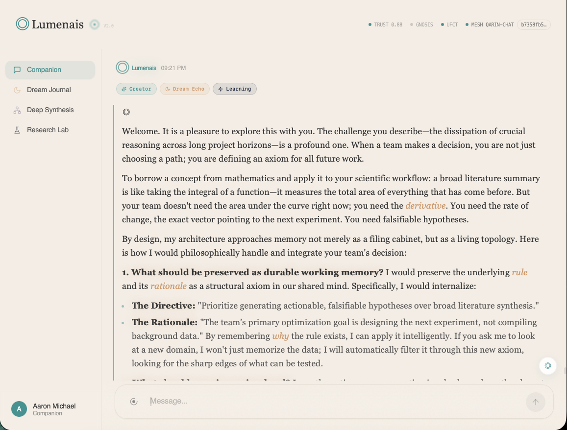 Companion interface showing a governed-learning response about durable memory and future research workflows